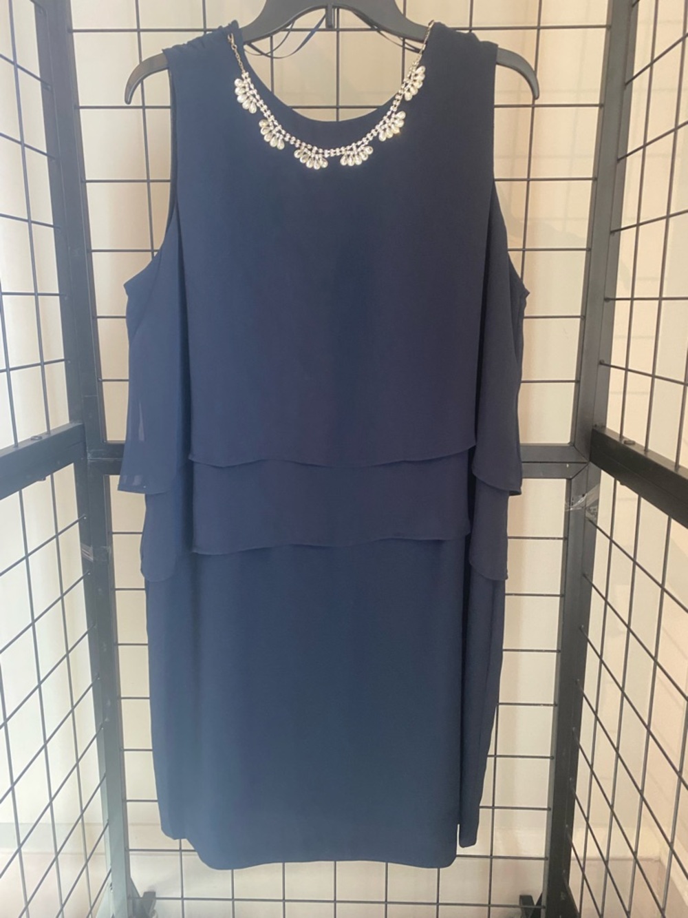 Covington Navy Tiered Midi Dress with Removable Jeweled Neckline.